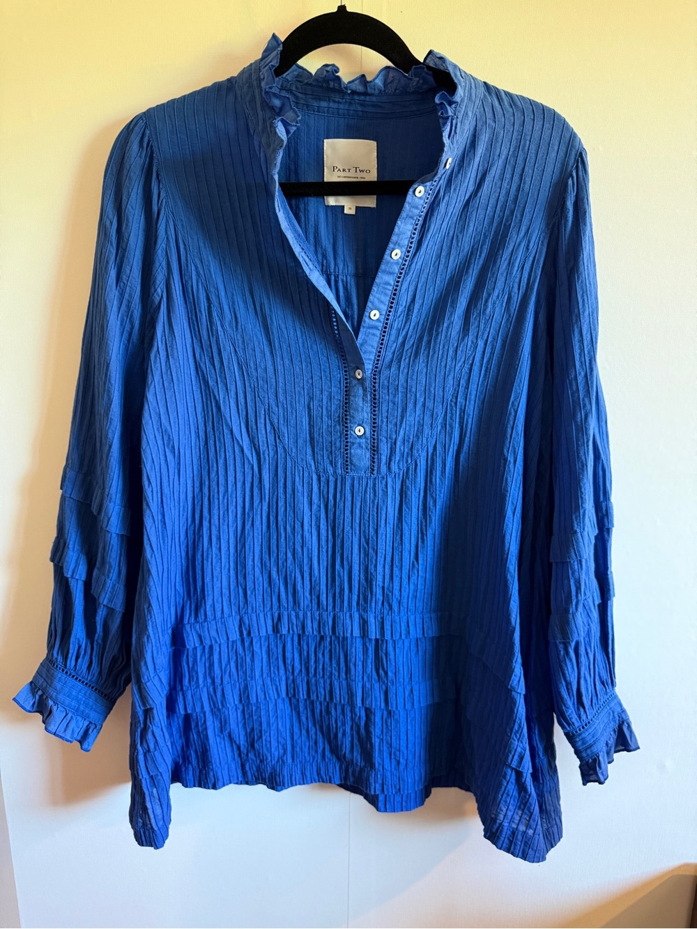 Part Two Blue Cotton Pintuck Ruffle Boho Blouse Size 36 Small